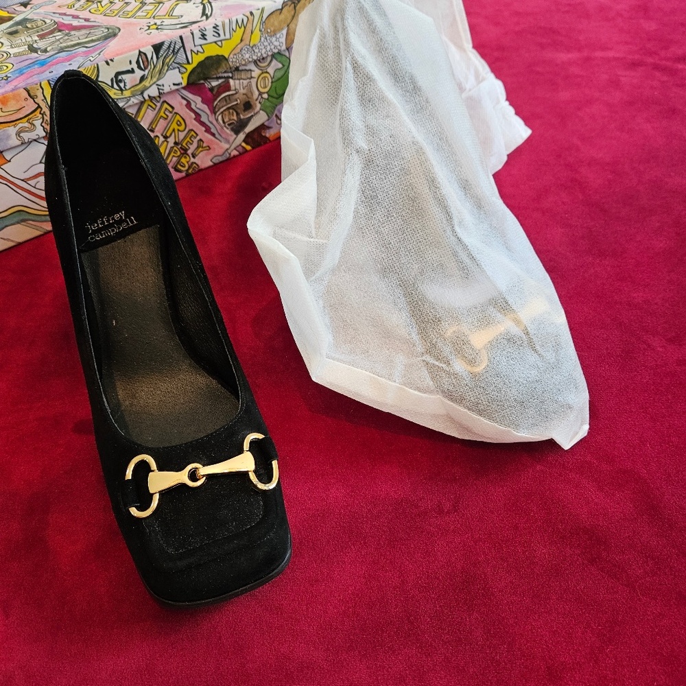 Jeffrey Campbell Nobility Black Suede with Gold horse bit Shoe